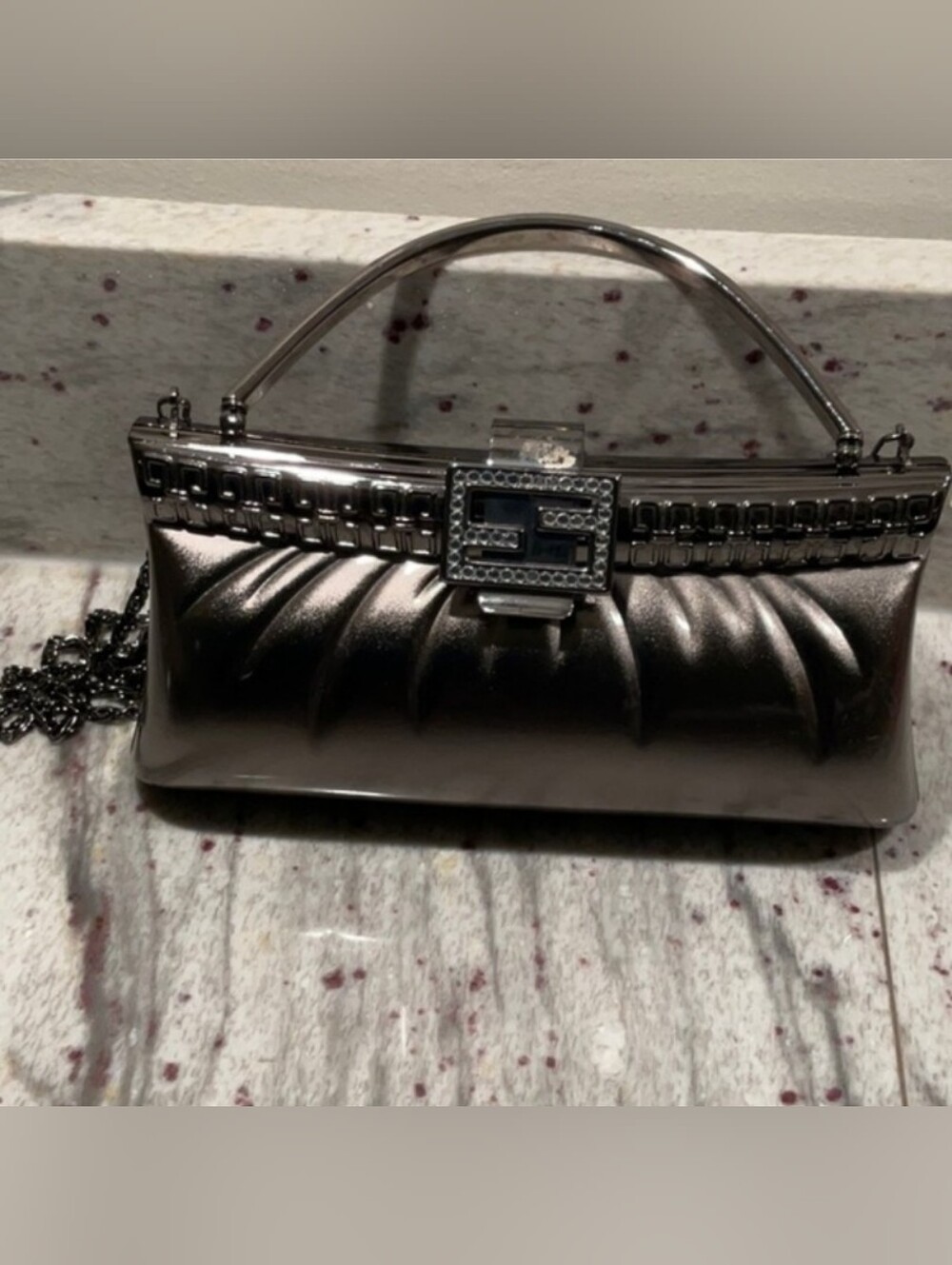 Sarina Metal Charcoal Handbag Shoulder Purse Snap Closure Formal Party Small